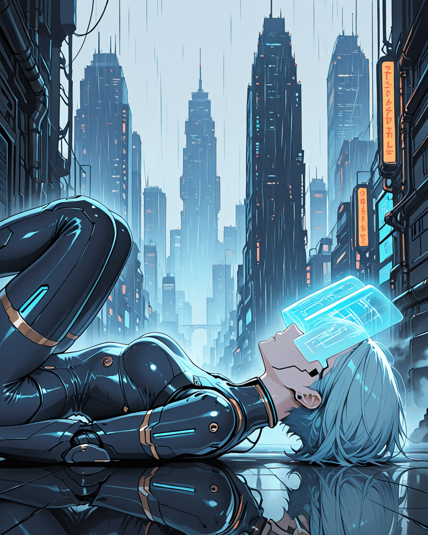 AI generated wallpaper featuring cyborg, cityscape, rain, neon signs, human, robot, buildings, reflection, hair, glowing