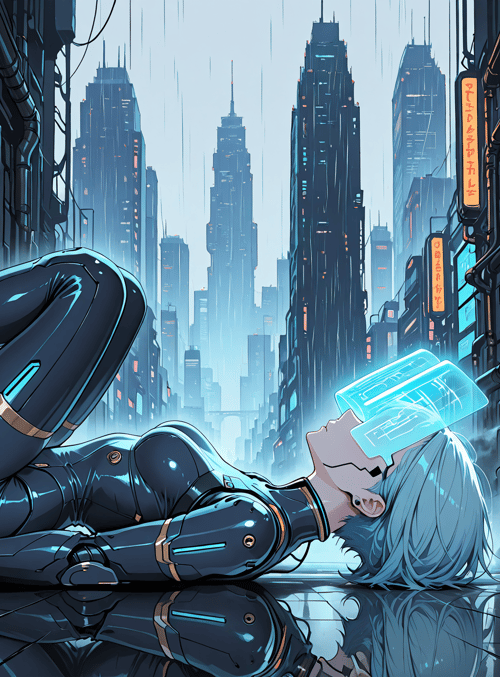 cyborg, cityscape, rain, neon signs, human, robot, buildings, reflection, hair, glowing