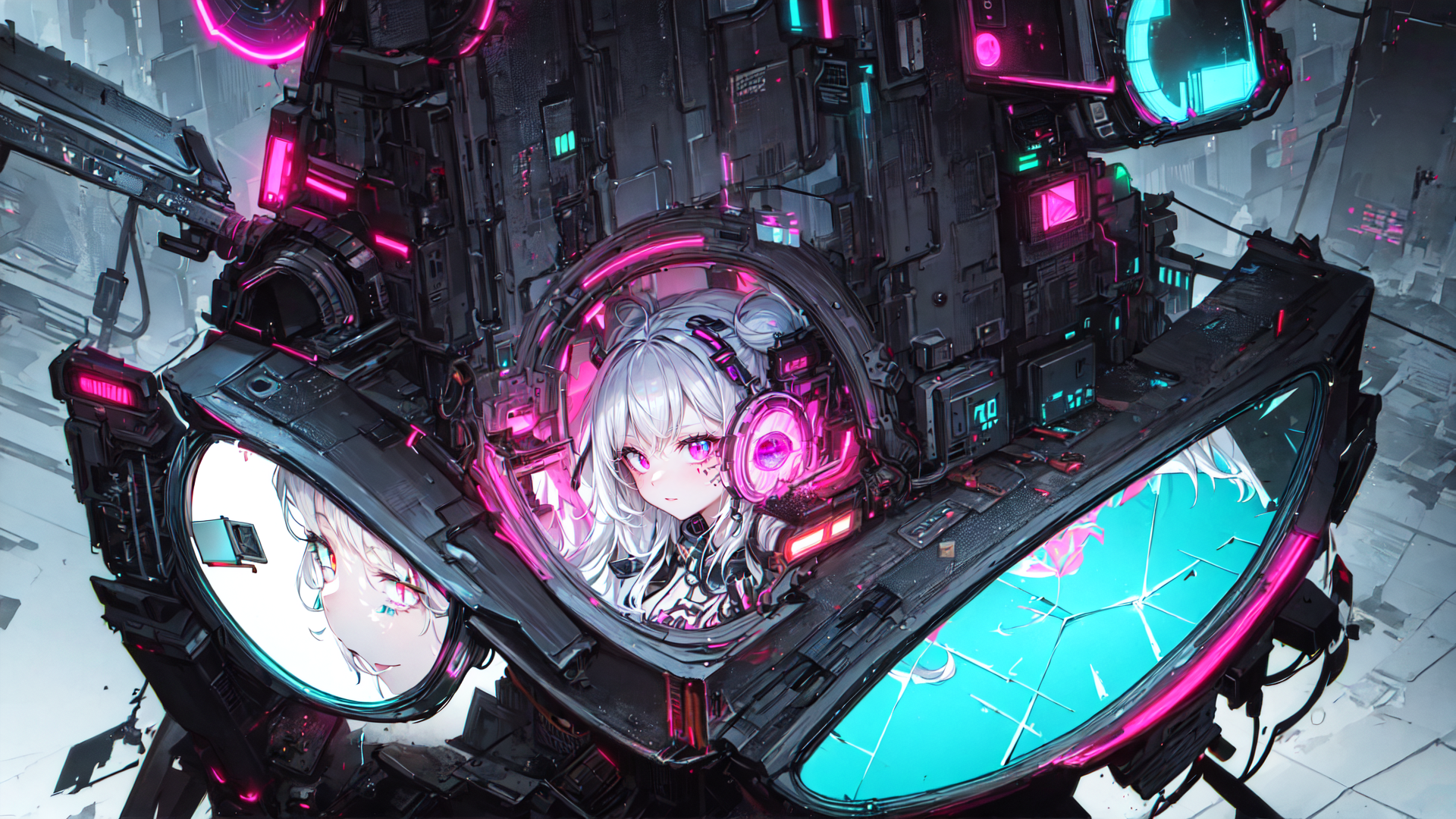 AI generated wallpaper featuring cyborg, anime girl, mech, neon, helmet