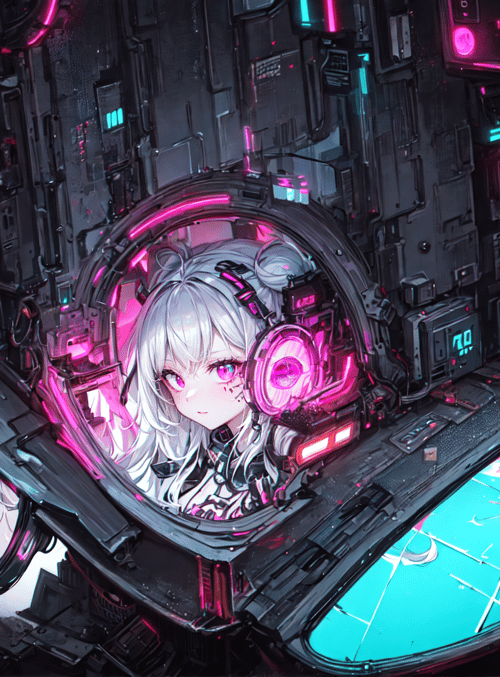 cyborg, anime girl, mech, neon, helmet