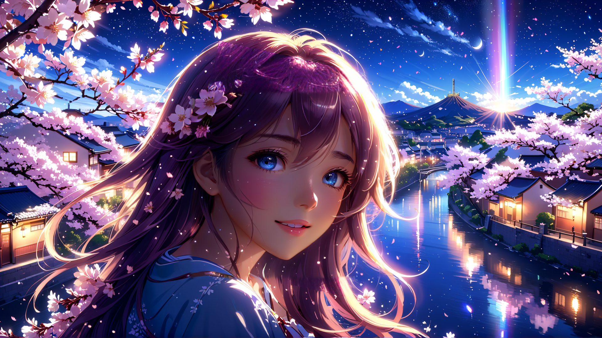 AI generated wallpaper featuring girl, cherry blossoms, river