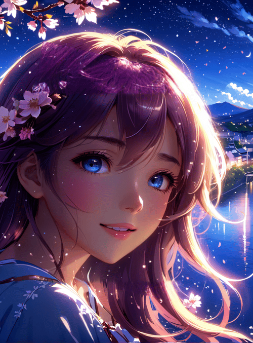 girl, cherry blossoms, river