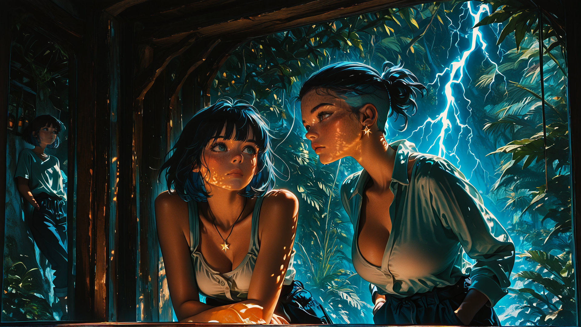 AI generated wallpaper featuring women, girl, tropical, lightning, window, mirror, jungle, reflection, sunlight, earring