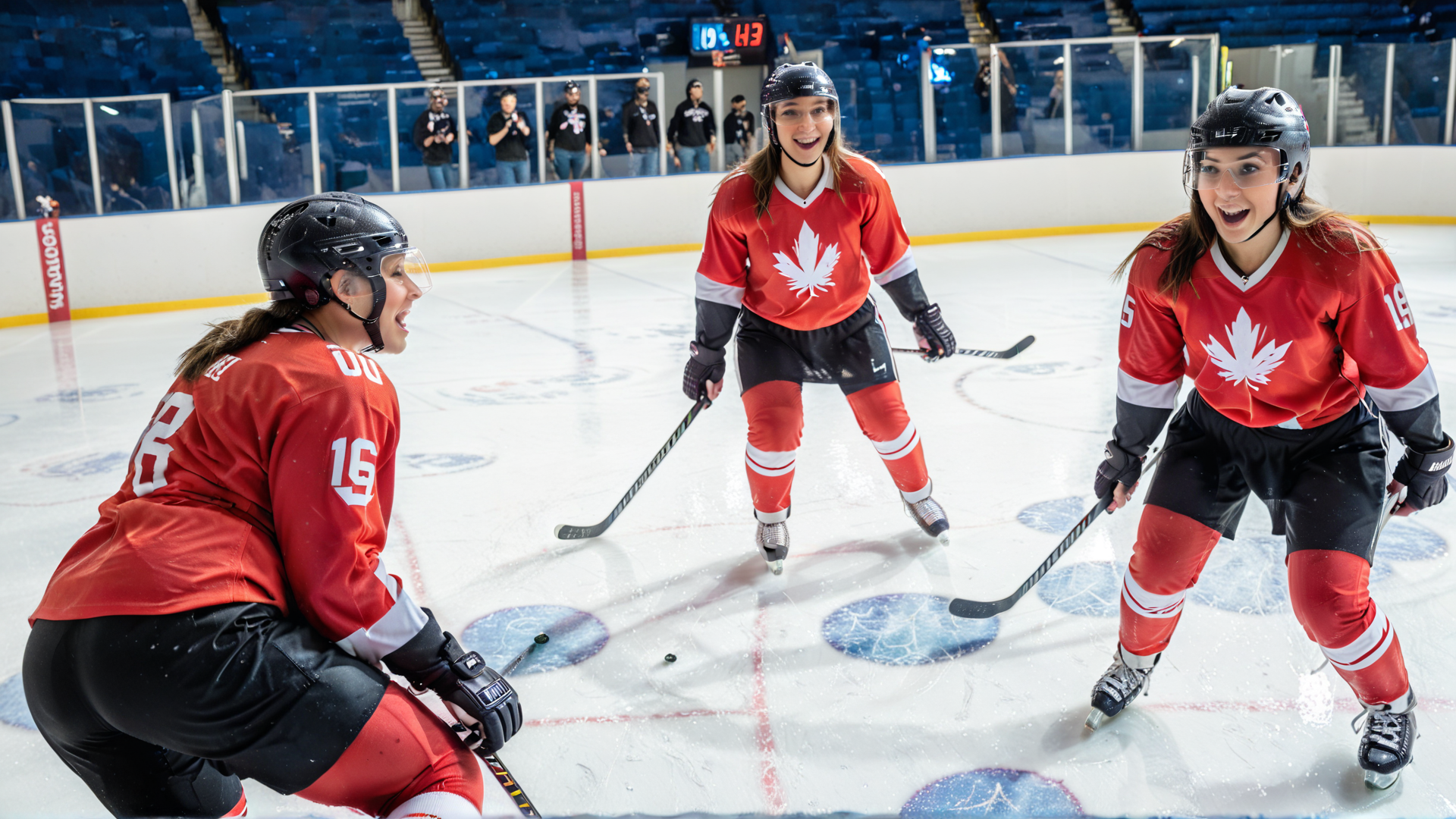 AI generated wallpaper featuring hockey players, ice hockey, team, players, sports, uniform, stick, helmet, rink, maple leaf
