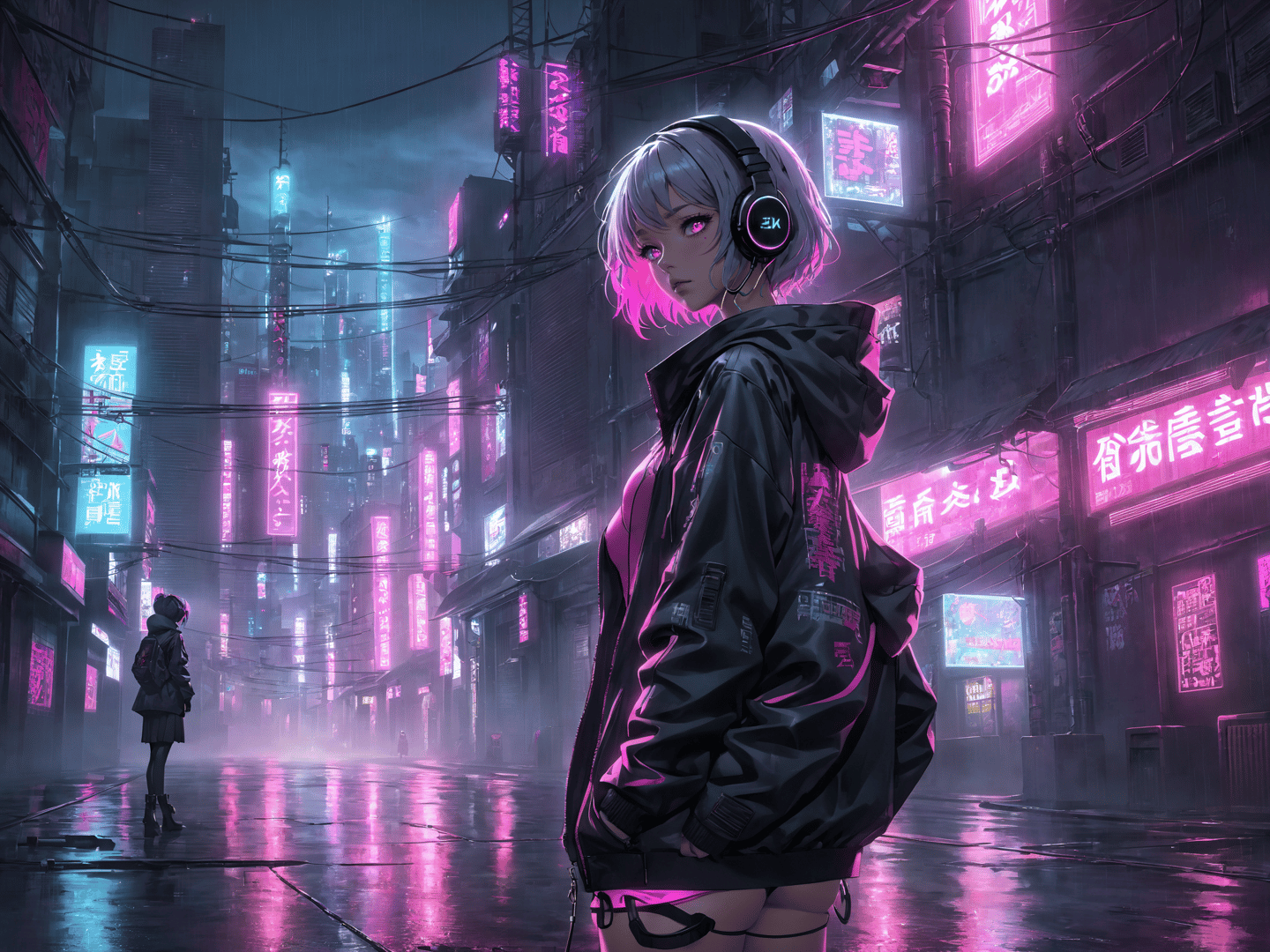 AI generated wallpaper featuring girl, cityscape, neon