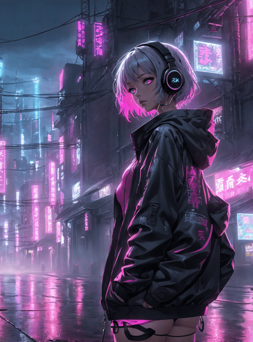 girl, cityscape, neon