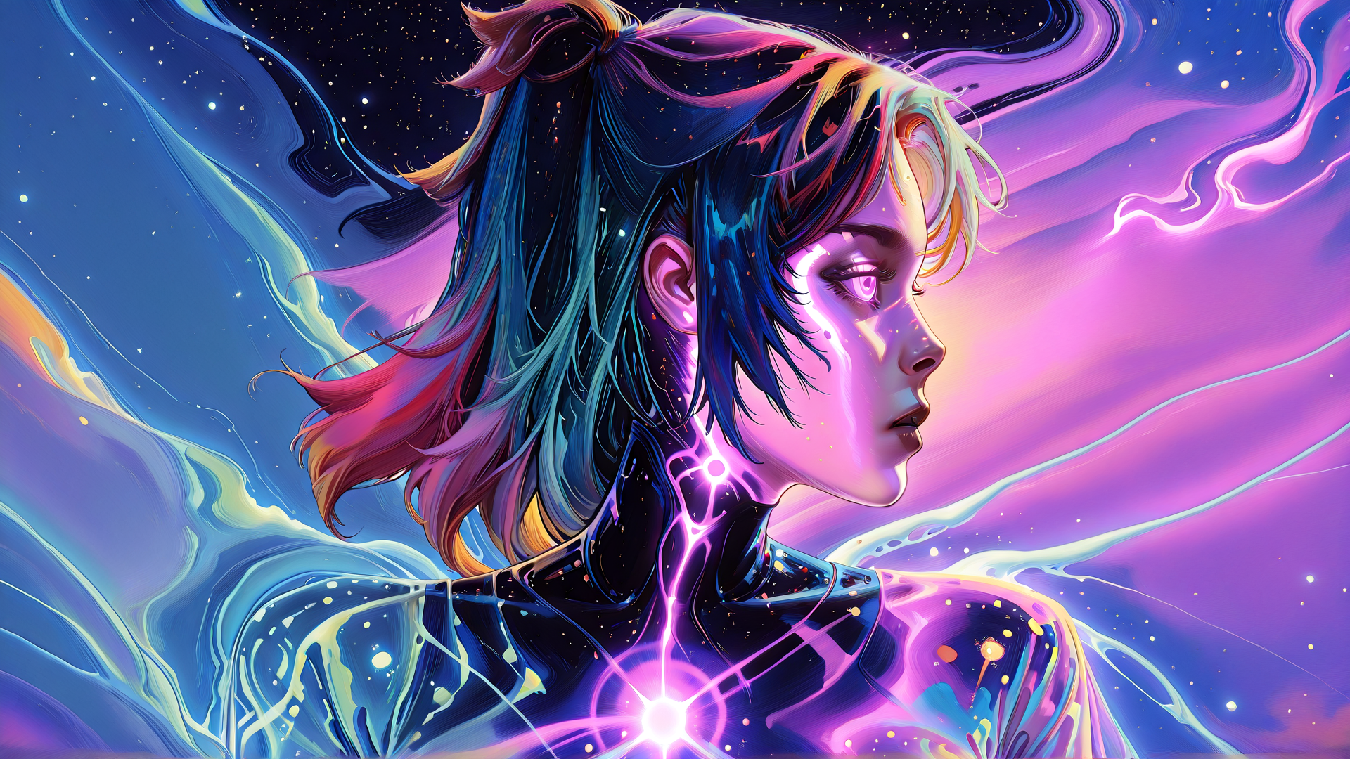 AI generated wallpaper featuring woman, neon, digital, futuristic, cyberpunk, glossy, glowing, anime, art, abstract
