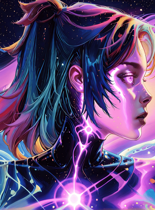 woman, neon, digital, futuristic, cyberpunk, glossy, glowing, anime, art, abstract