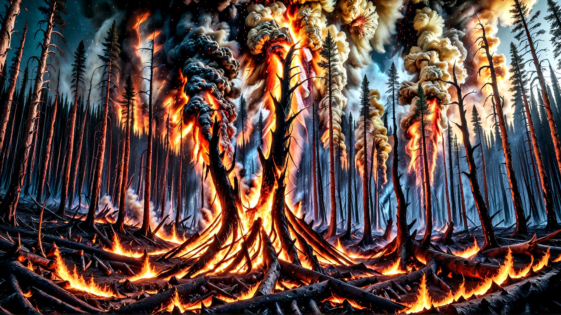 AI generated wallpaper featuring forest, fire, trees, smoke, flames, roots, burning, wildfire, charred, logs