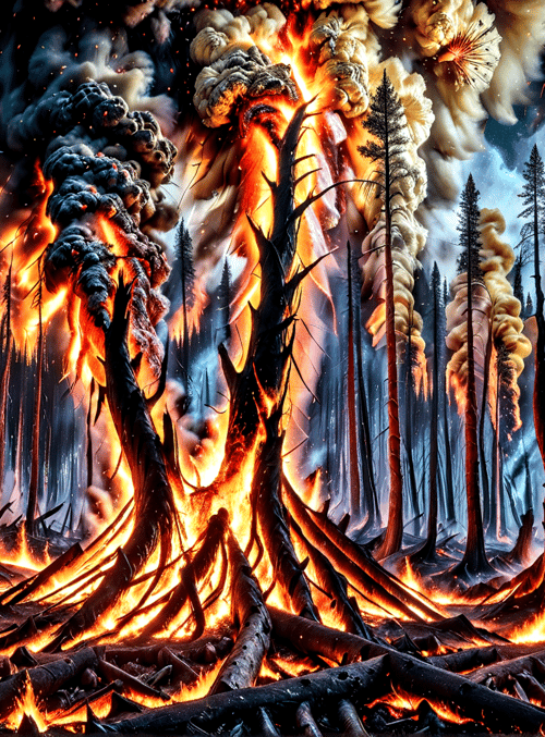 forest, fire, trees, smoke, flames, roots, burning, wildfire, charred, logs
