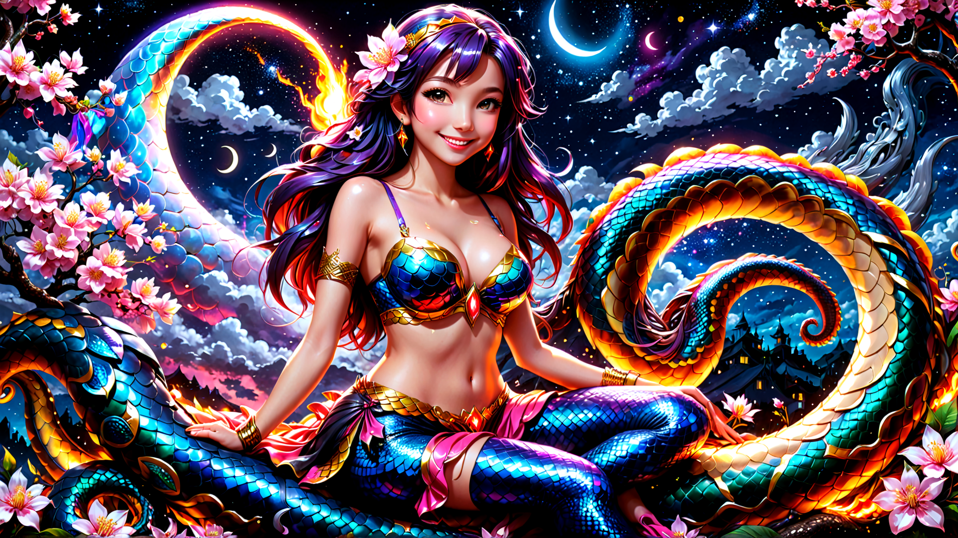 AI generated wallpaper featuring dragon, woman, cherry blossom, moon, scales, stars, clouds, fashion, celestial, nature