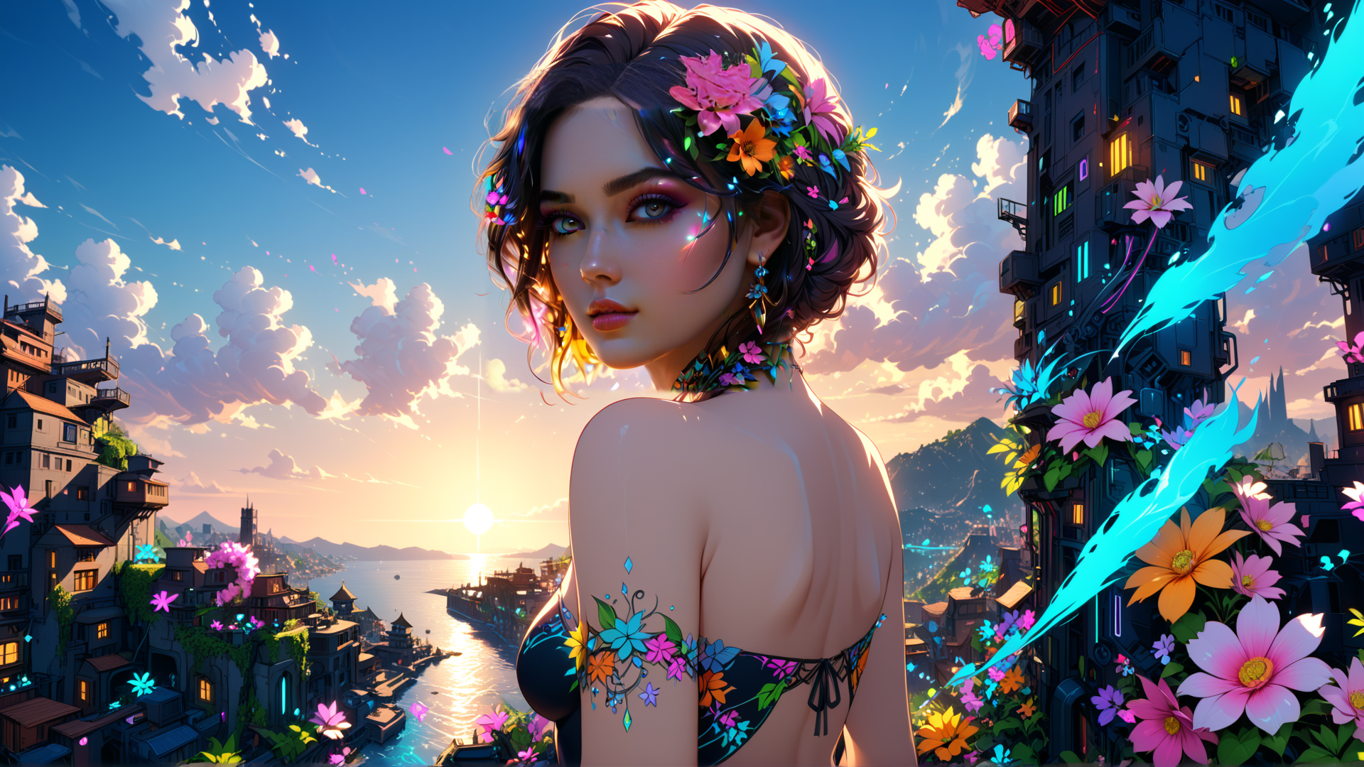 AI generated wallpaper featuring woman, cityscape, flowers