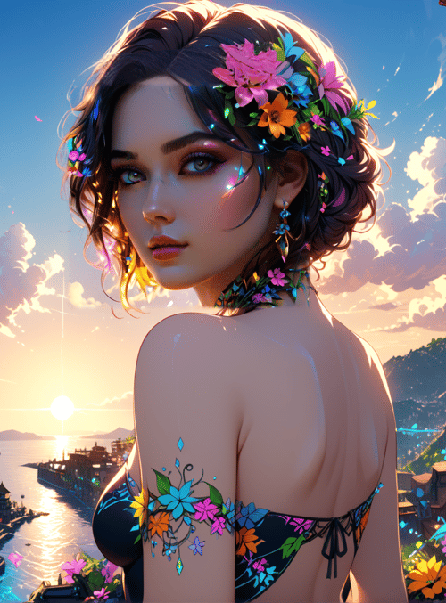 woman, cityscape, flowers