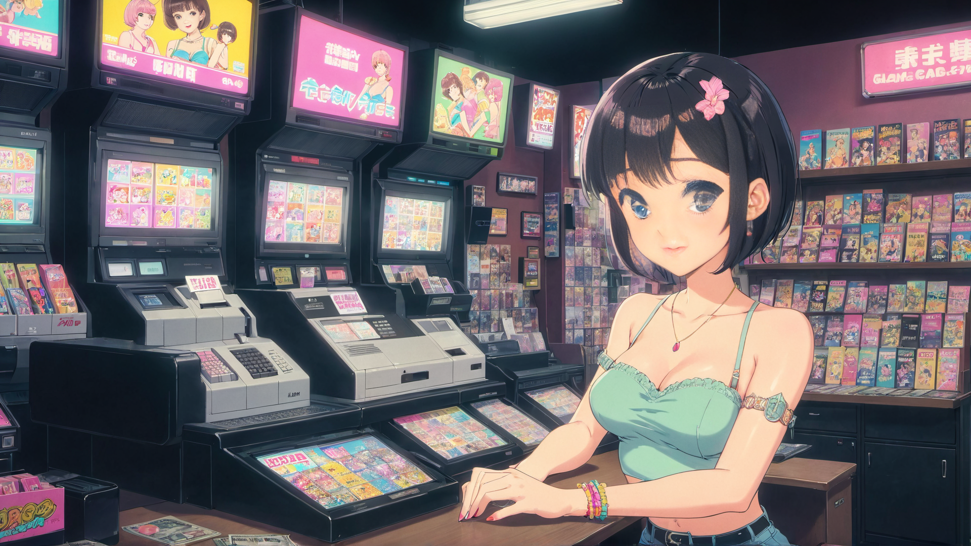 AI generated wallpaper featuring girl, arcade, magazines