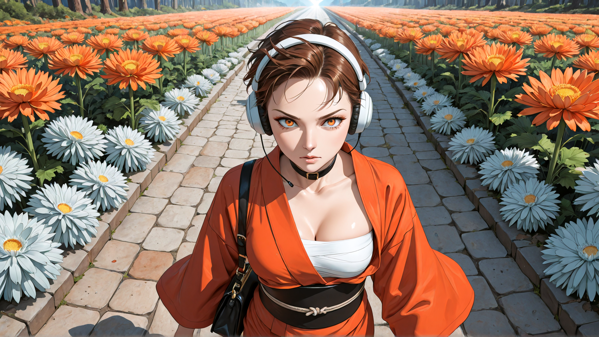 AI generated wallpaper featuring woman, headphones, flowers, pathway, kimono