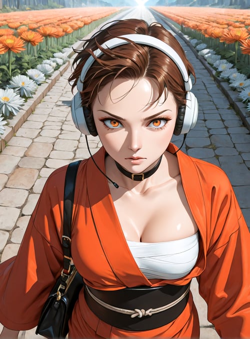 woman, headphones, flowers, pathway, kimono