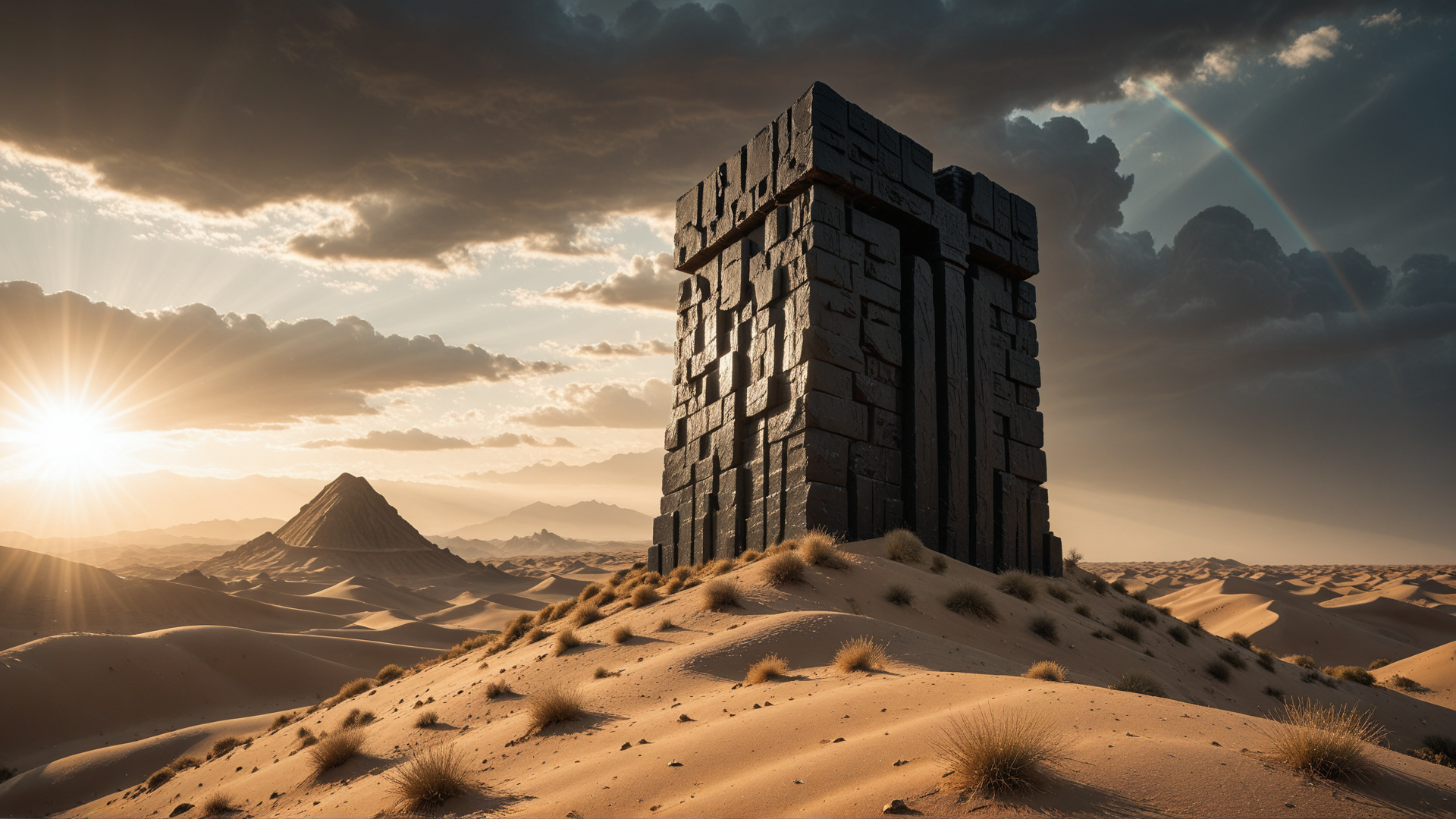AI generated wallpaper featuring stone structure, desert, sunset, sand dunes, mountain, clouds, sun, grass, dunes, sky
