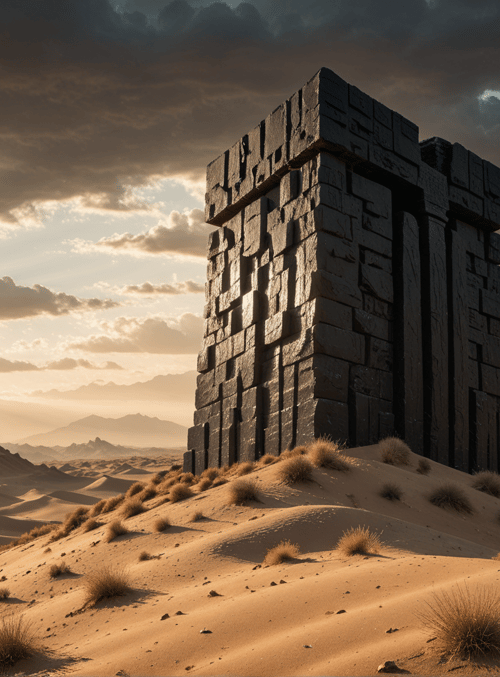 stone structure, desert, sunset, sand dunes, mountain, clouds, sun, grass, dunes, sky