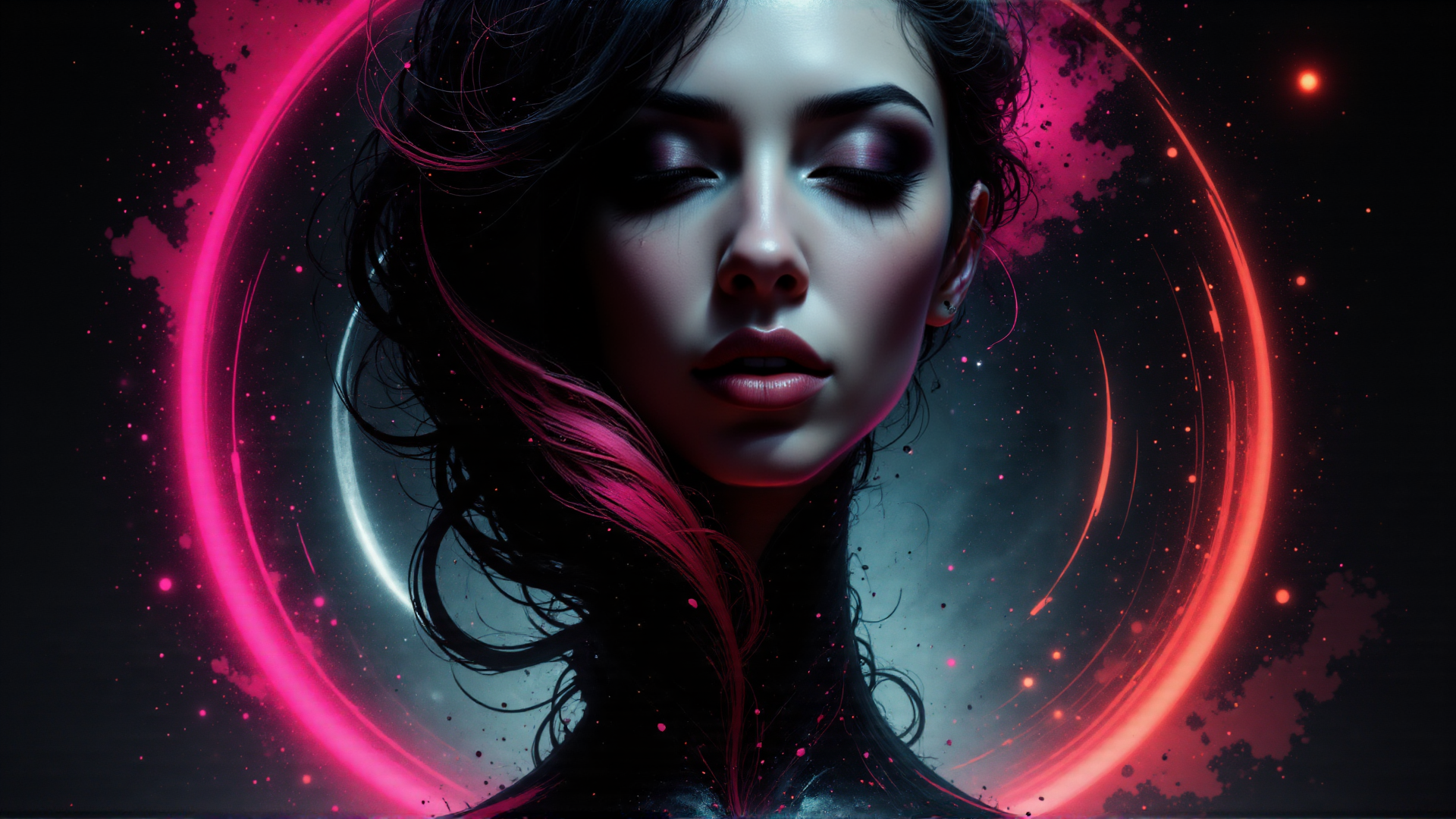 AI generated wallpaper featuring woman, hair, circle, moon, stars