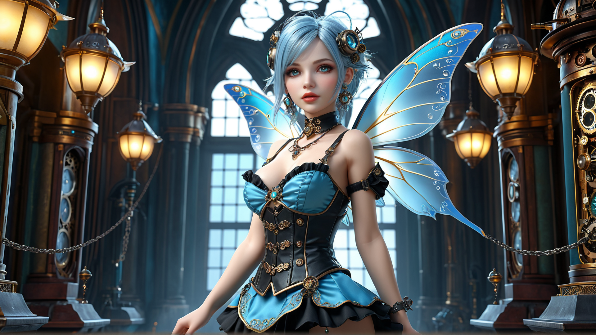 AI generated wallpaper featuring fairy, gothic, steampunk, fashion, ornaments, wings, corset, chandelier, clock, lamp