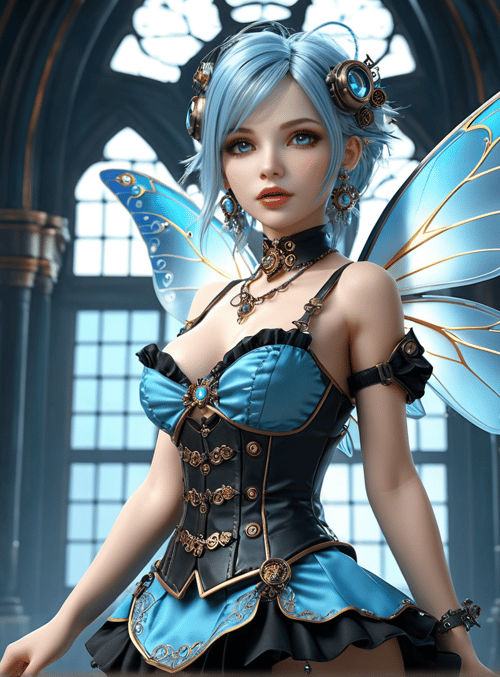 fairy, gothic, steampunk, fashion, ornaments, wings, corset, chandelier, clock, lamp