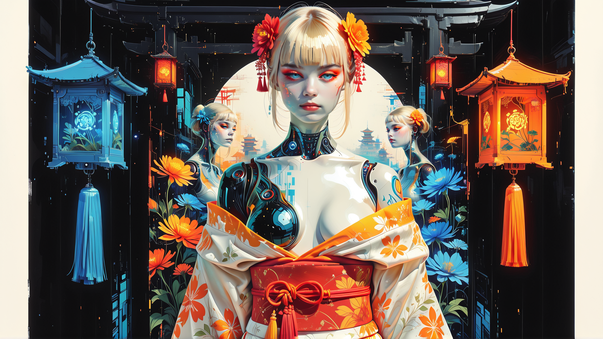 AI generated wallpaper featuring cyborg, geisha, lantern, flower, kimono, robot, cityscape, lantern, tassel, reflection