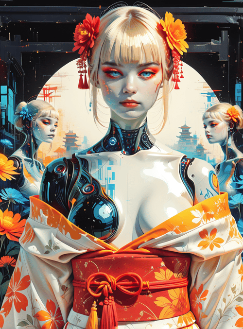 cyborg, geisha, lantern, flower, kimono, robot, cityscape, lantern, tassel, reflection