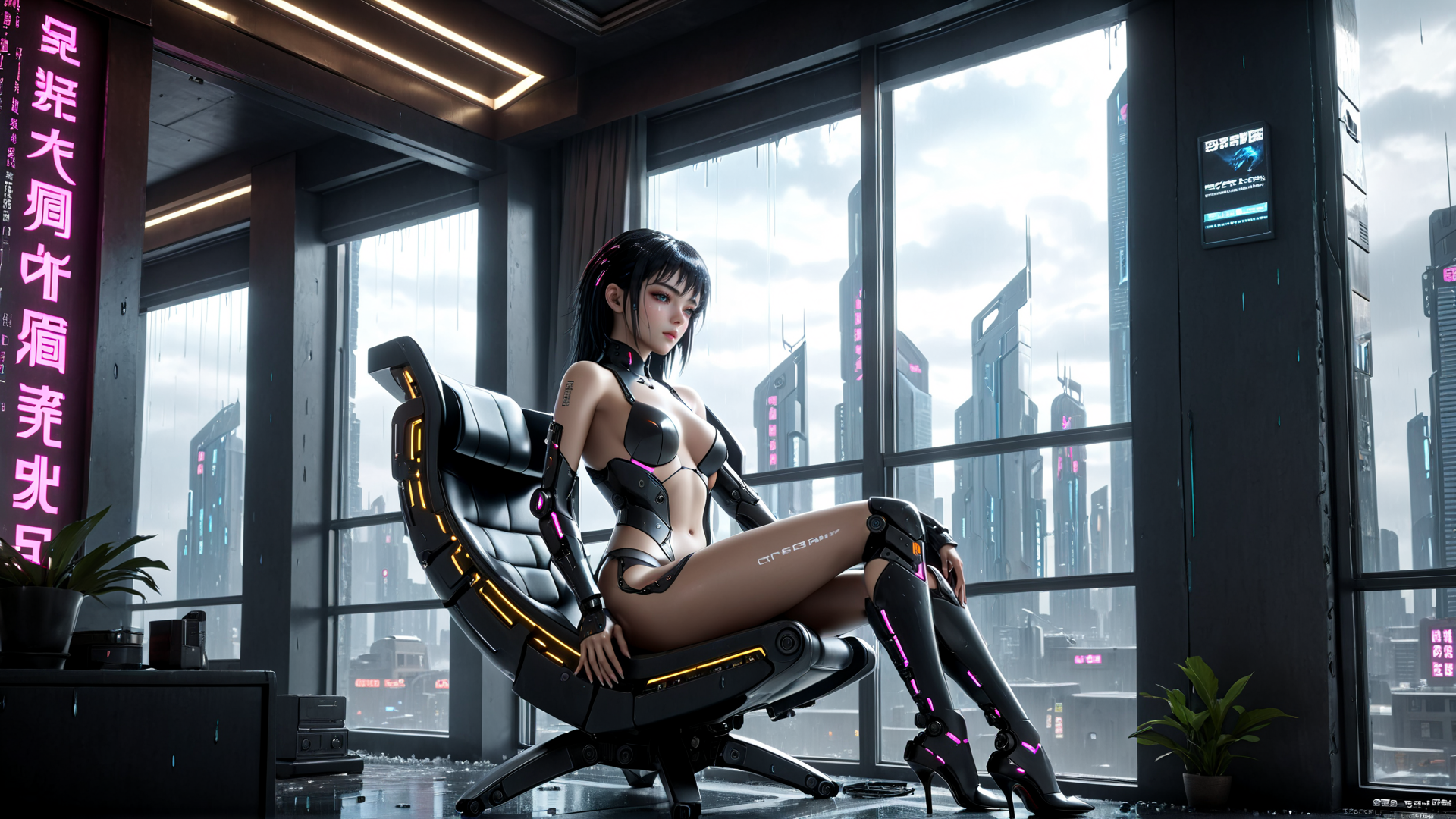 AI generated wallpaper featuring cybernetic, woman, chair