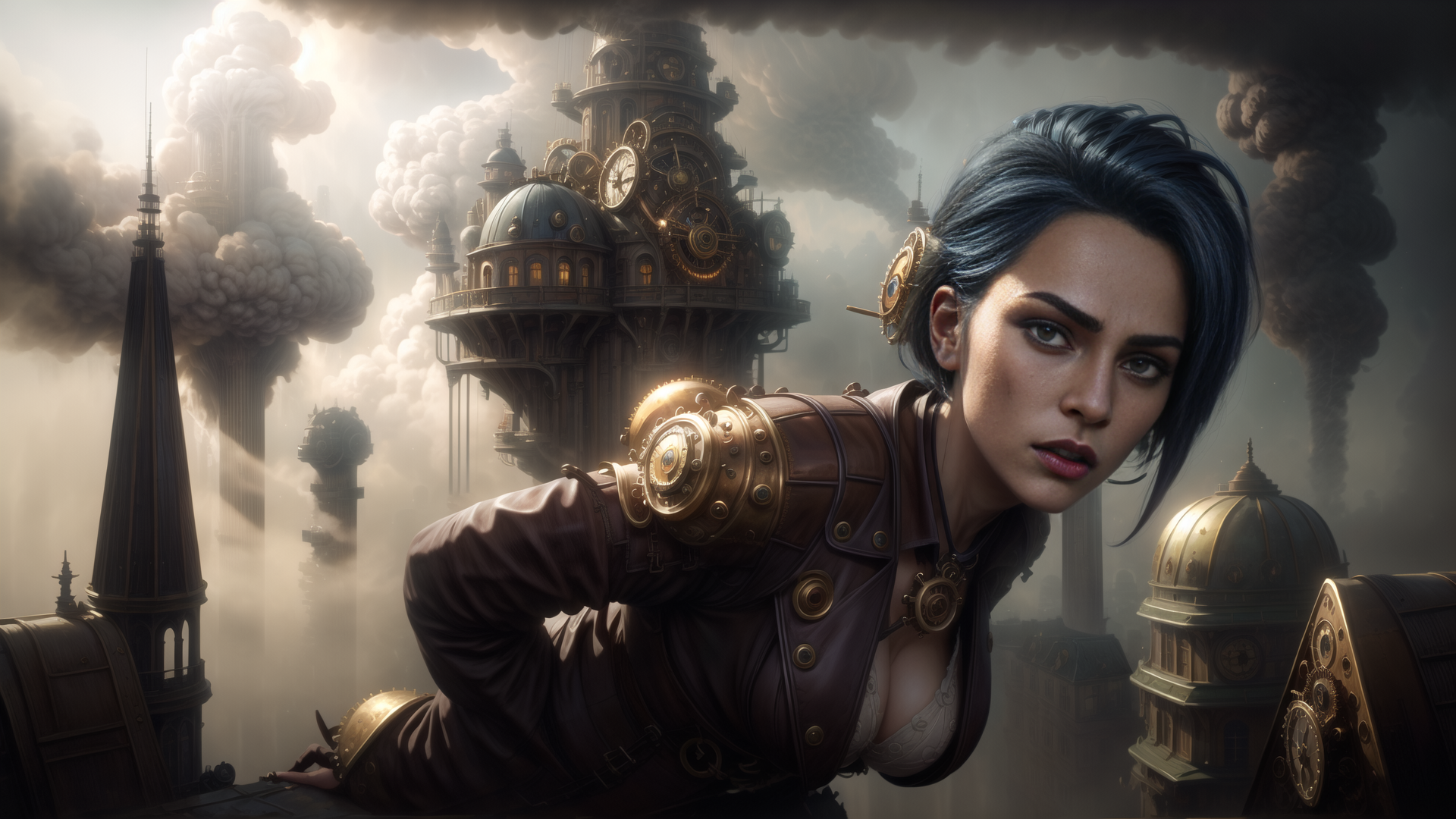 AI generated wallpaper featuring woman, steampunk, clock tower