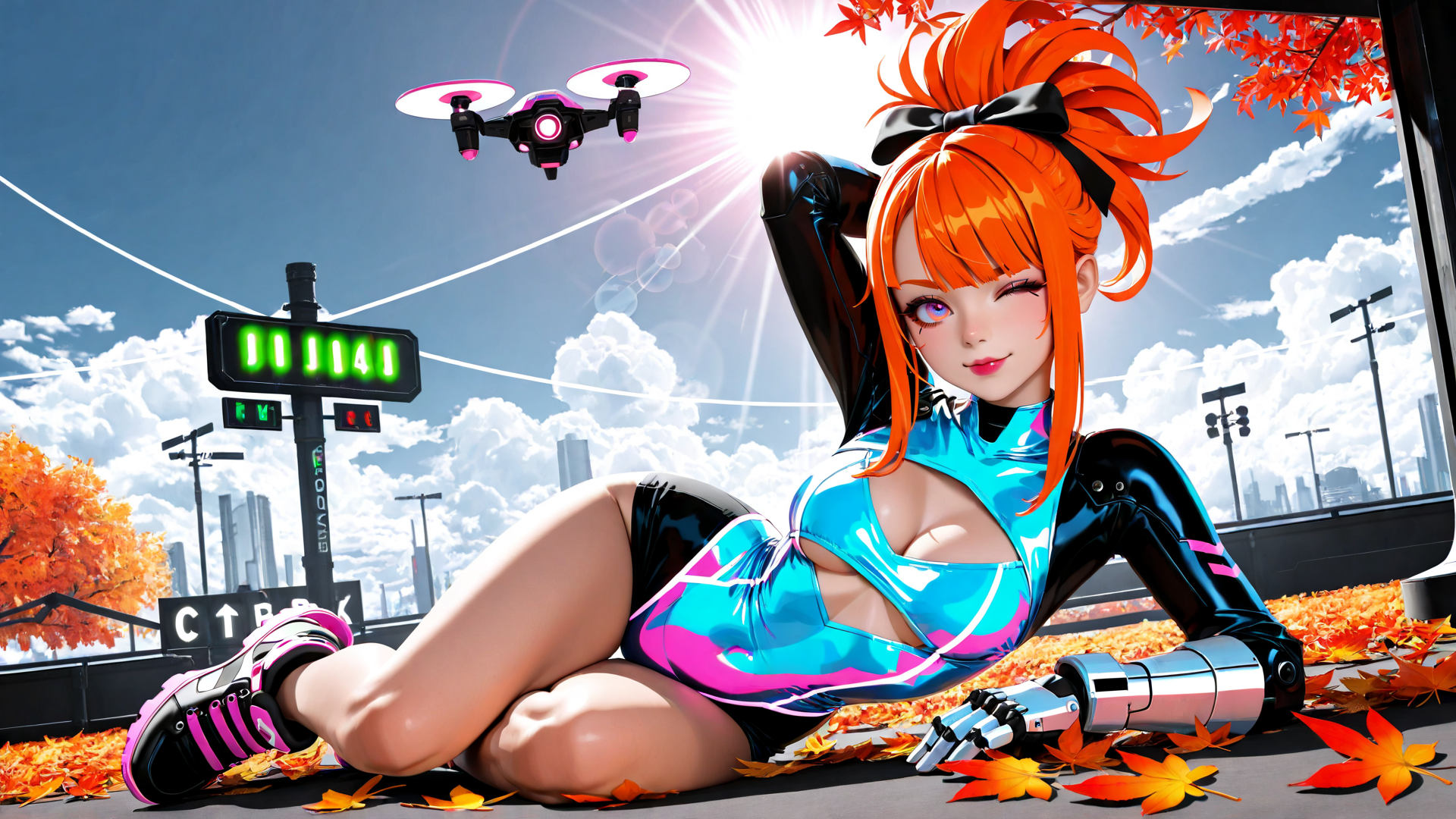 AI generated wallpaper featuring anime girl, drone, fall leaves, city street, robot arm, traffic light