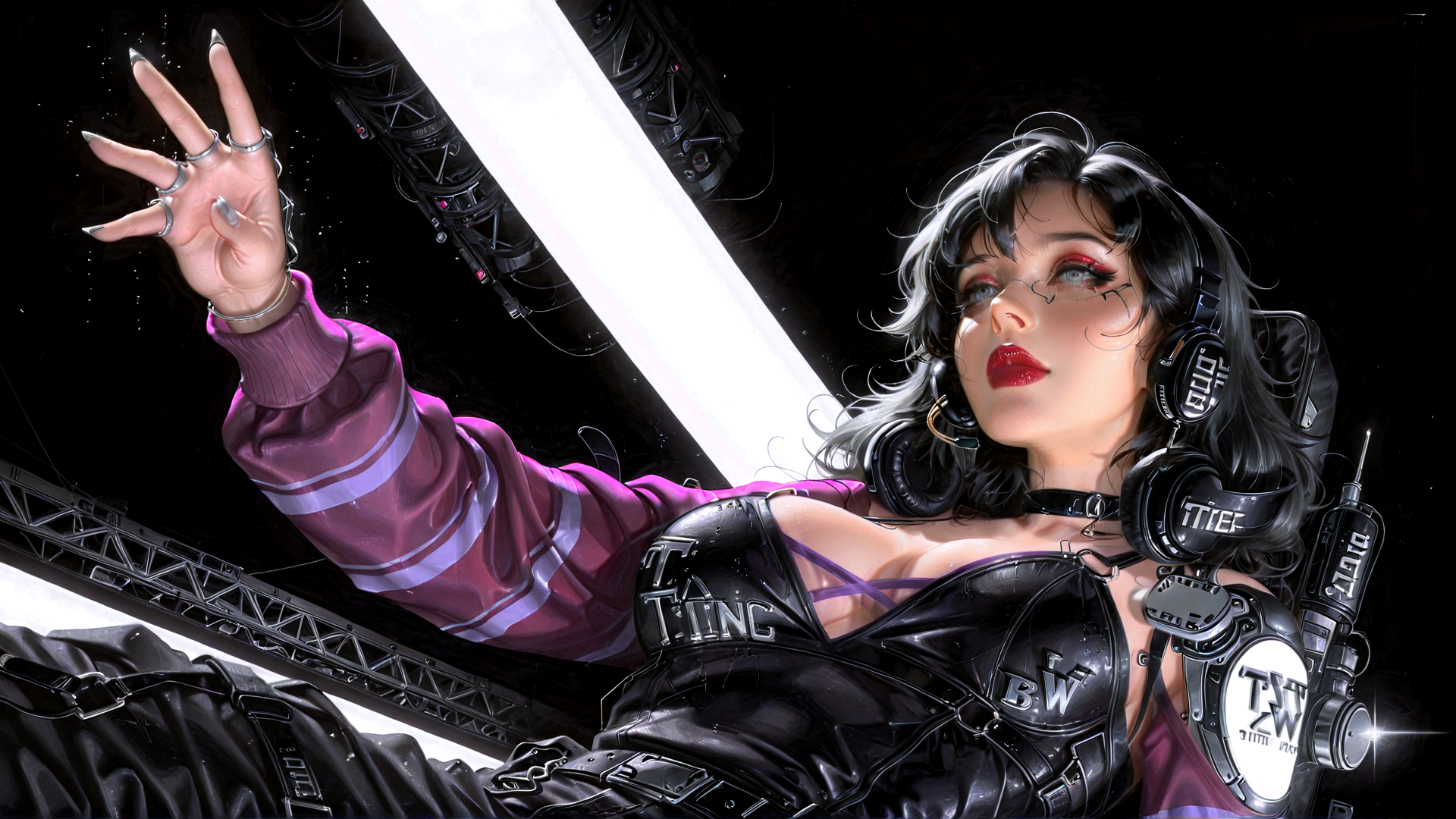 AI generated wallpaper featuring woman, headphones, gloves, lighting, cyberpunk, leather, stage, gloves, microphone, rings