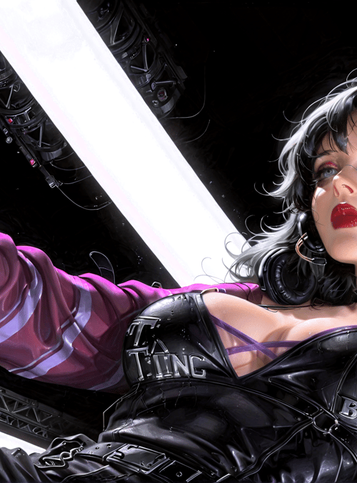 woman, headphones, gloves, lighting, cyberpunk, leather, stage, gloves, microphone, rings
