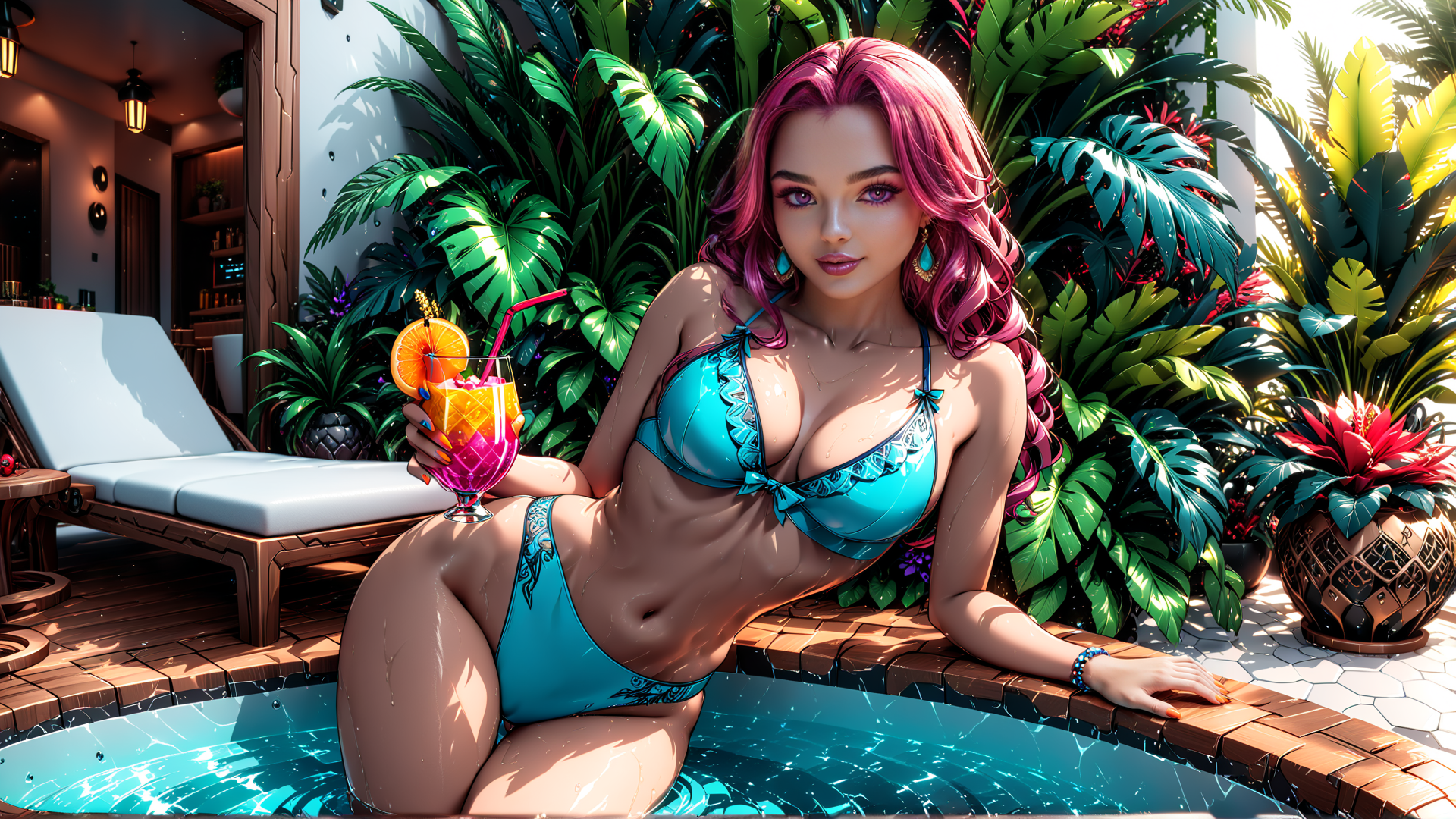 AI generated wallpaper featuring woman, pool, tropical plants
