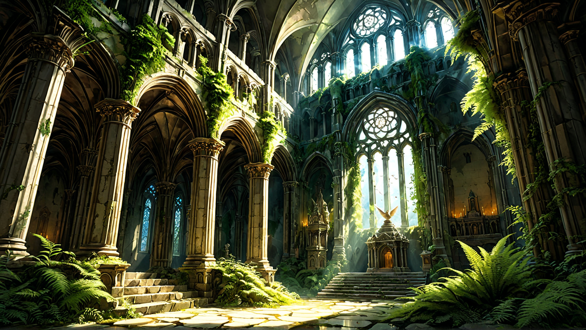 AI generated wallpaper featuring cathedral, stone, arches, vines, ferns, stained glass, columns, steps, sunlight, statue