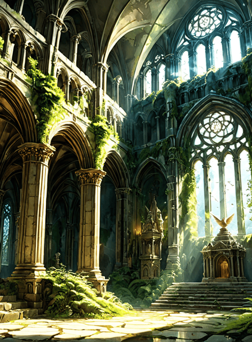 cathedral, stone, arches, vines, ferns, stained glass, columns, steps, sunlight, statue
