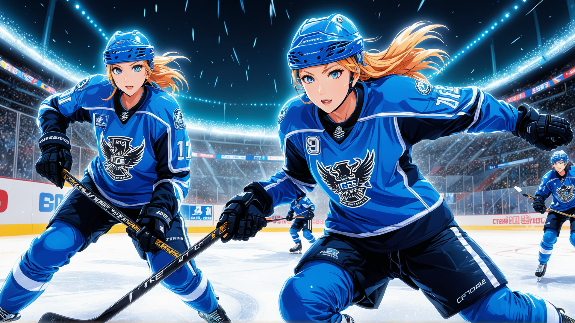 AI generated wallpaper featuring hockey players, ice rink, team uniform, helmet, hockey stick, sweater, jersey, gloves, skates, crowd