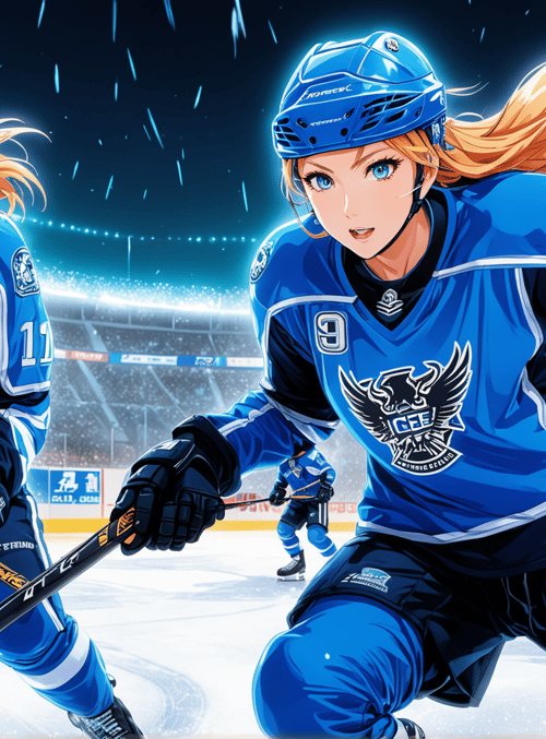 hockey players, ice rink, team uniform, helmet, hockey stick, sweater, jersey, gloves, skates, crowd
