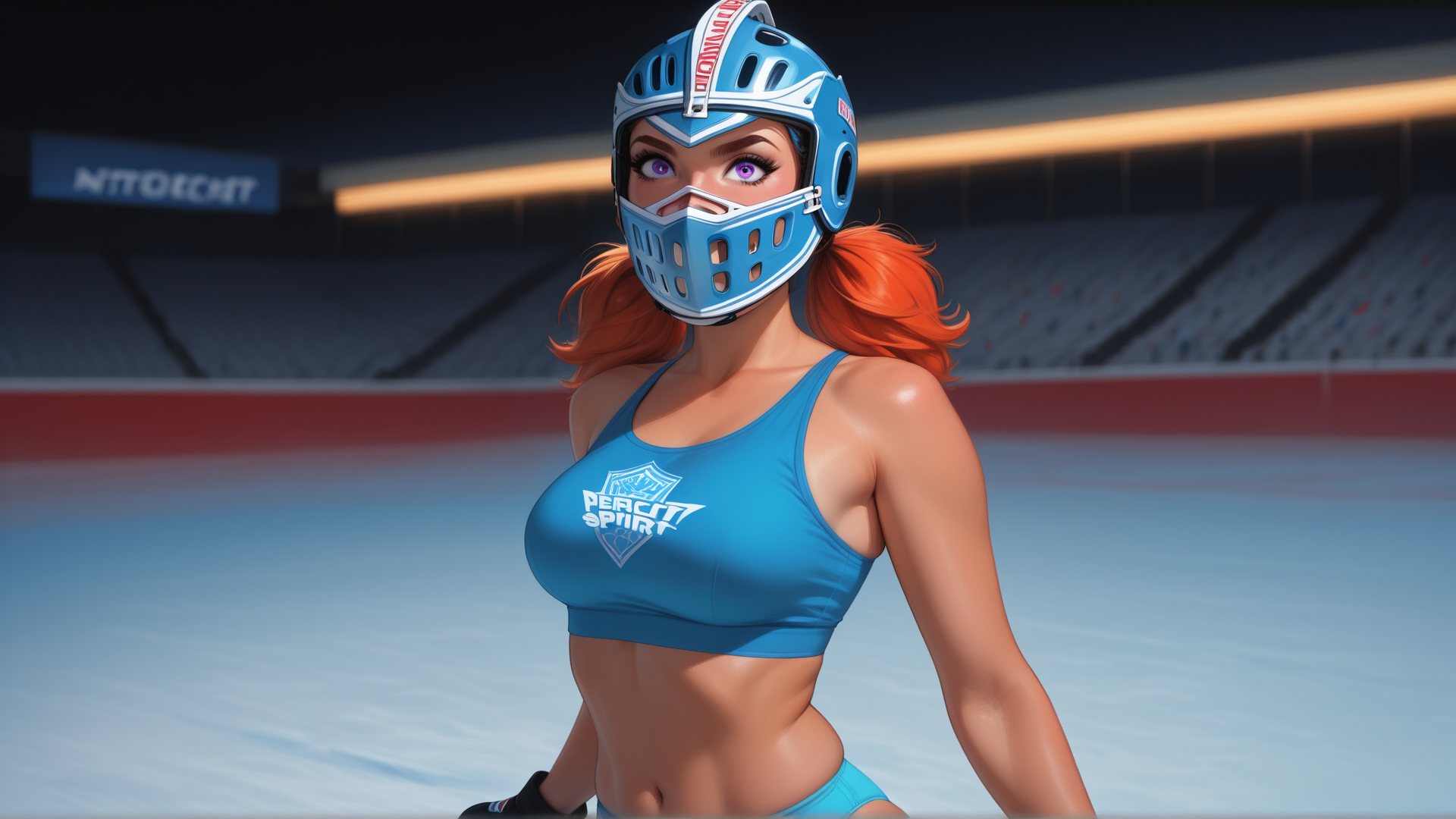 AI generated wallpaper featuring hockey player, female, athlete, helmet, sports uniform, ice rink, red hair