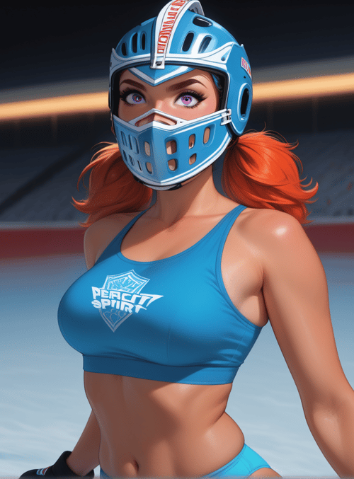 hockey player, female, athlete, helmet, sports uniform, ice rink, red hair