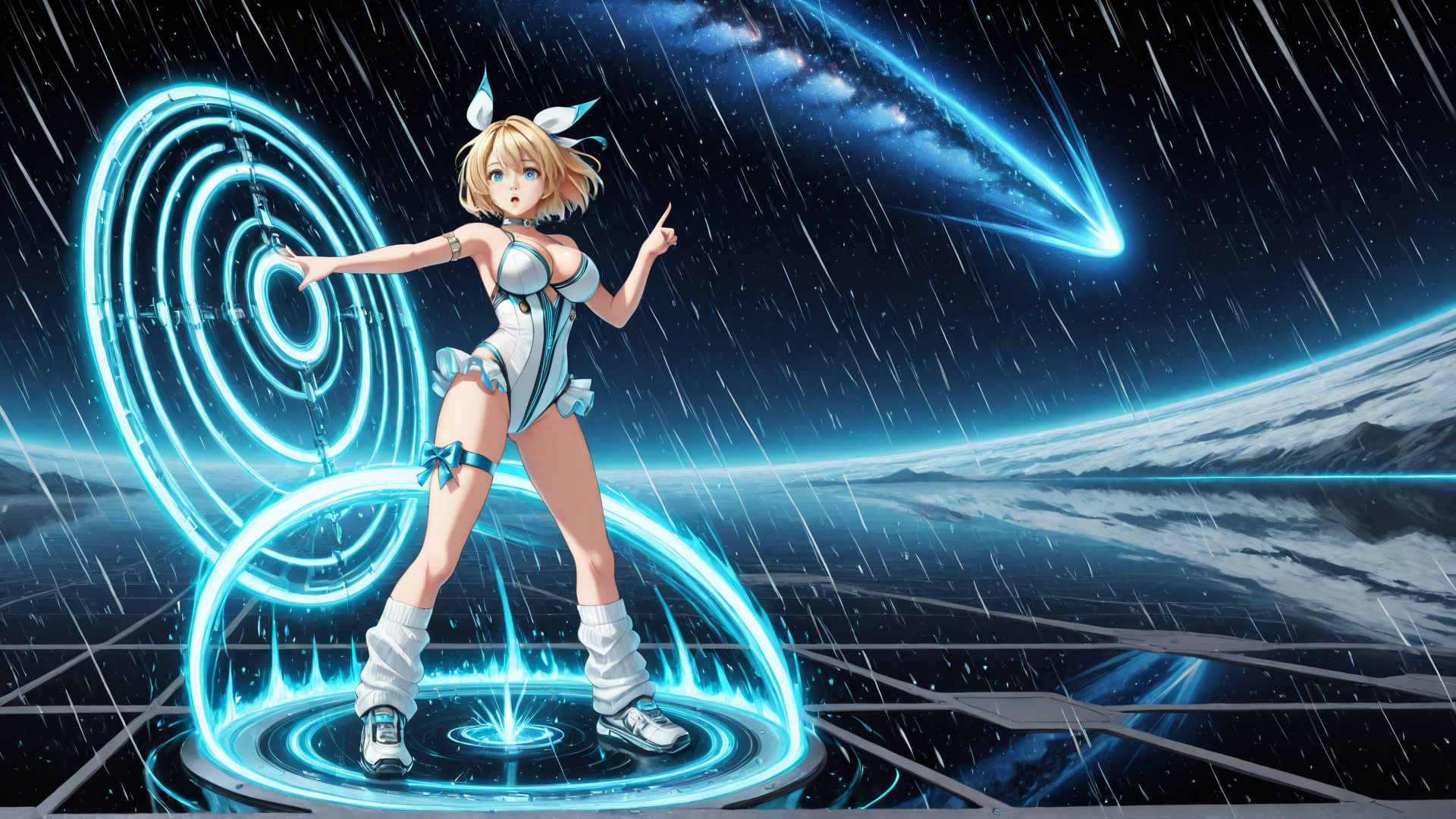 AI generated wallpaper featuring anime girl, space, neon rings, comet, earth