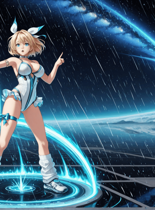 anime girl, space, neon rings, comet, earth