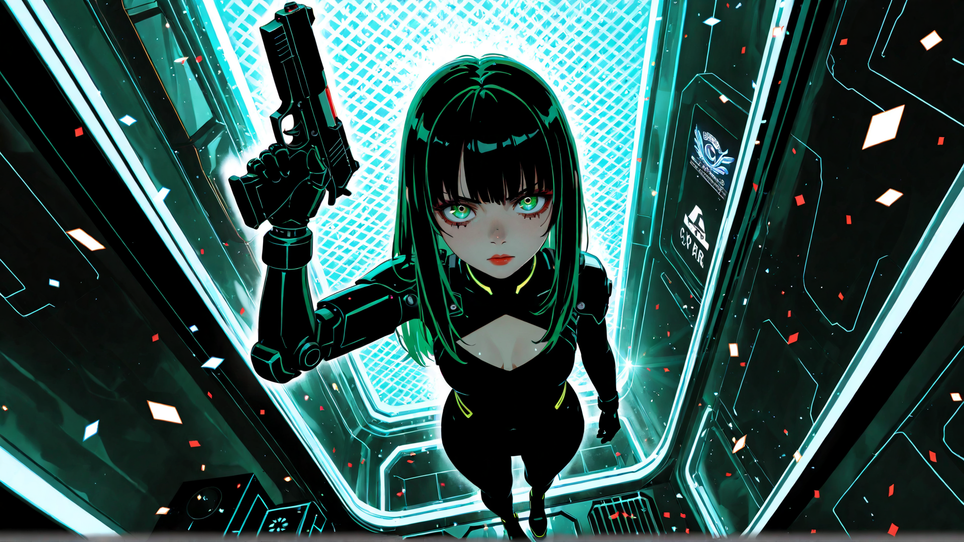 AI generated wallpaper featuring cyborg, gun, girl, robot arm, futuristic, spaceship, neon, cyberpunk