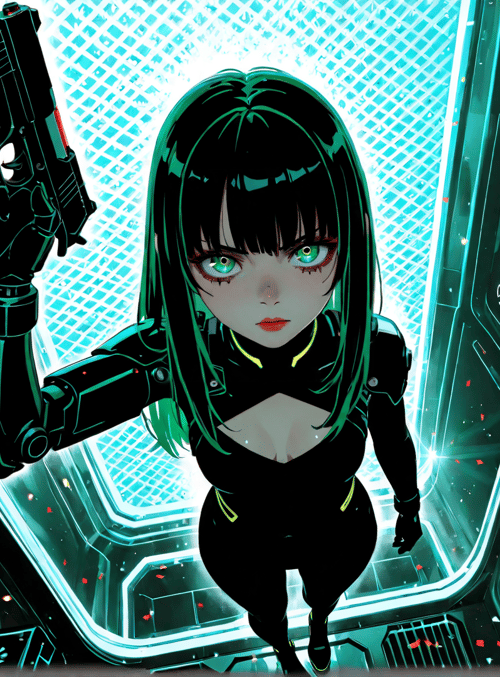 cyborg, gun, girl, robot arm, futuristic, spaceship, neon, cyberpunk
