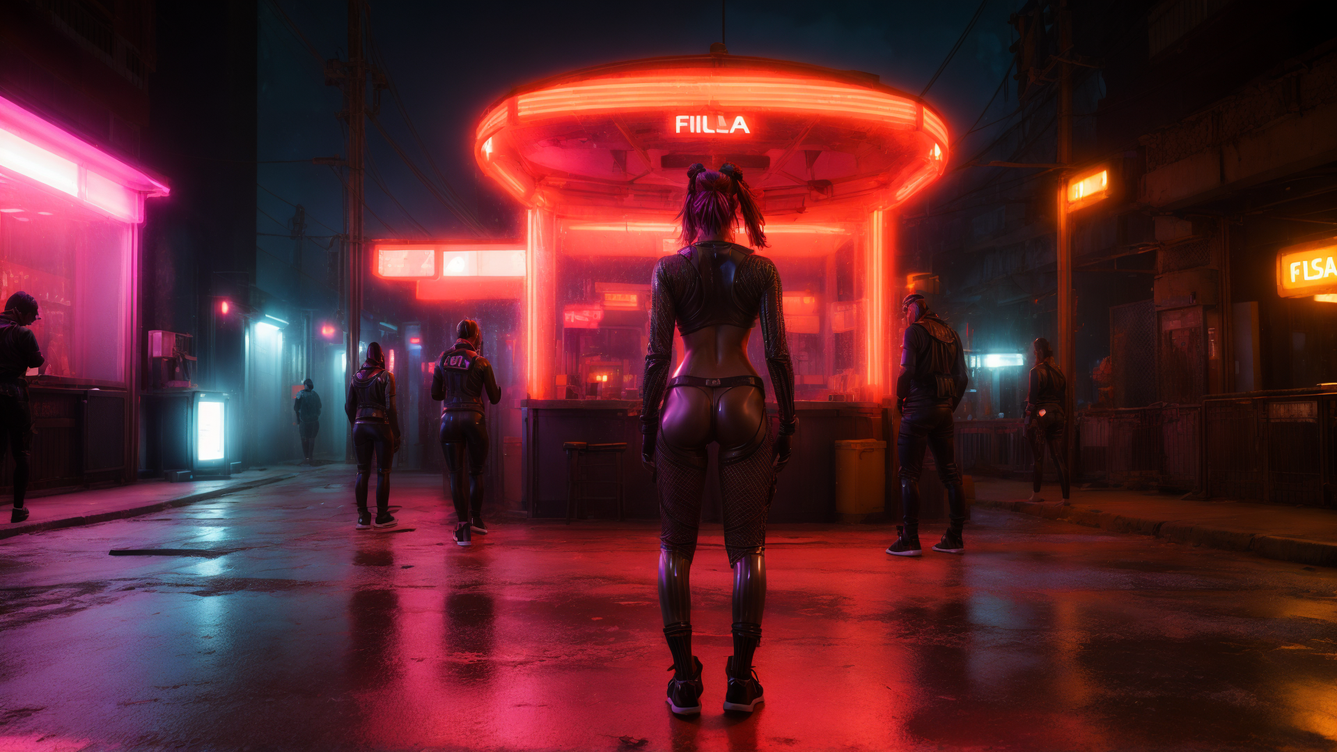 AI generated wallpaper featuring woman, neon, street