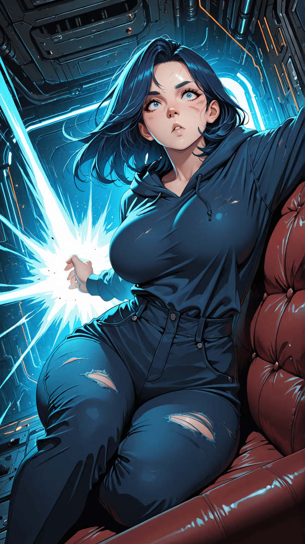 AI generated wallpaper featuring woman, hoodie, jeans, couch, spaceship