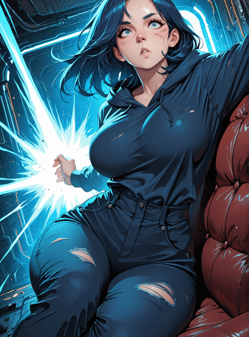 woman, hoodie, jeans, couch, spaceship