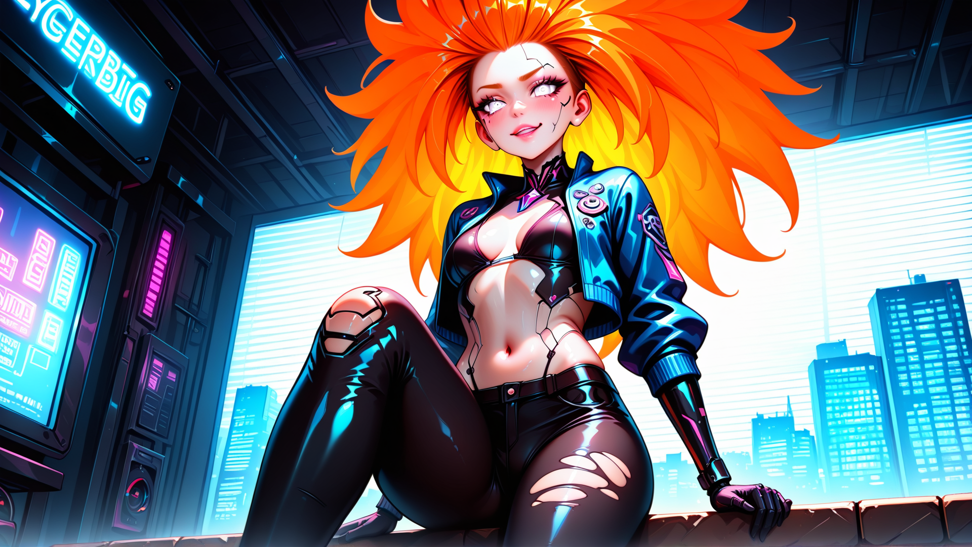 AI generated wallpaper featuring cyberpunk woman, neon, robotic arm, cityscape