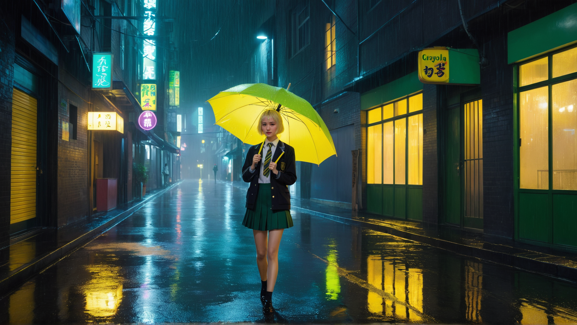 AI generated wallpaper featuring girl, umbrella, street, rain, school uniform, neon signs