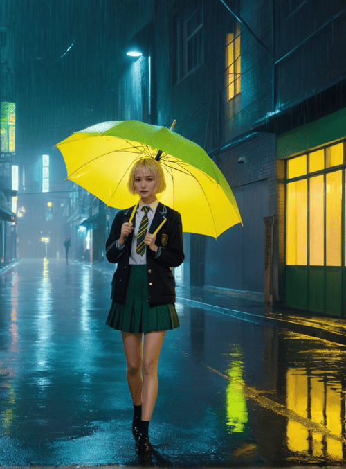 girl, umbrella, street, rain, school uniform, neon signs