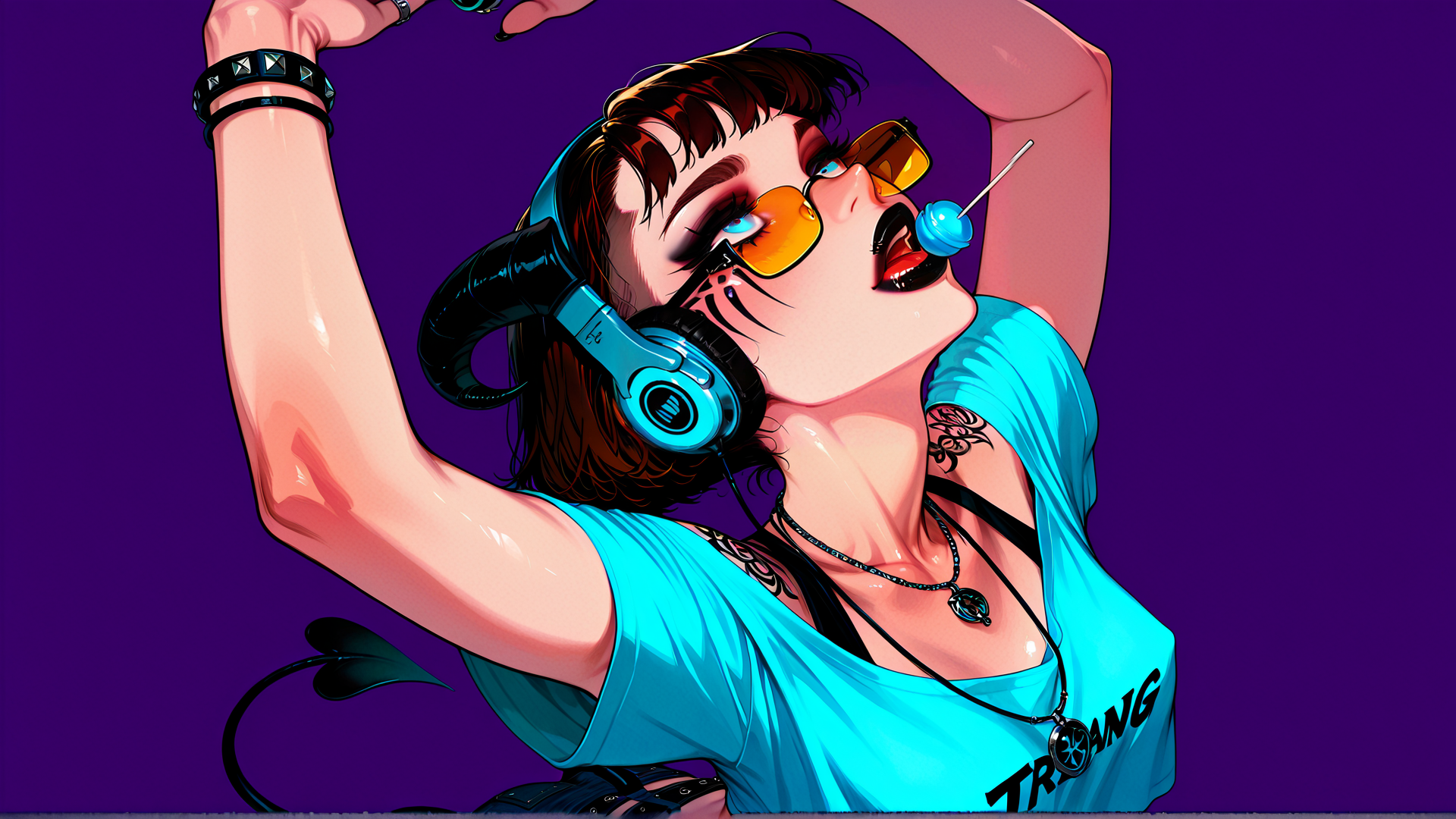 AI generated wallpaper featuring woman, headphones, sunglasses, lollipop, tattoo, tail, bracelet, necklace, t-shirt, cherry